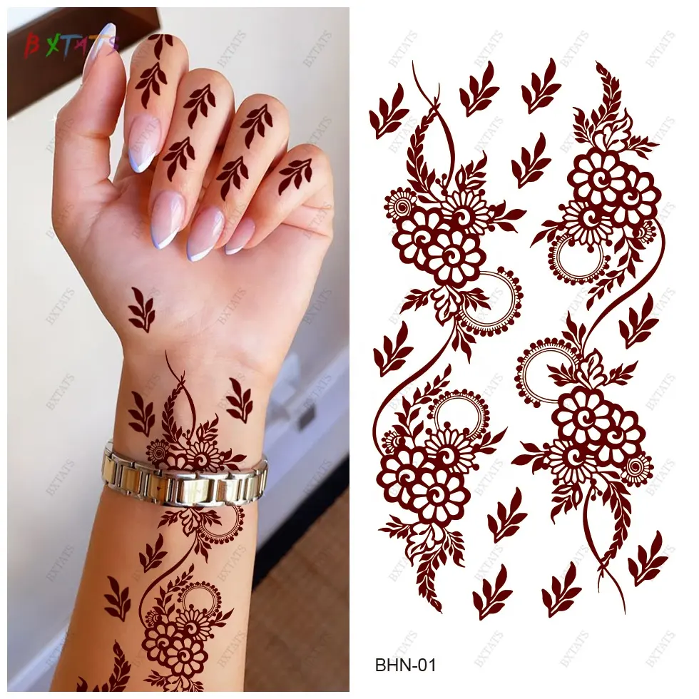 Pegatinas de tatuaje temporal de Henna marrón personalizado patrón de encaje tatuajes falsos misterio Sexy Mandala flor impermeable Henna pegatina