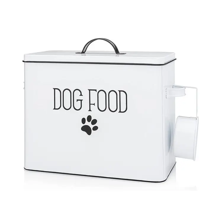 Metal Farmhouse Wadah Makanan Anjing, Wadah Makanan Anjing Putih Tahan Lama untuk Makanan Anjing 8Kg dengan Sendok