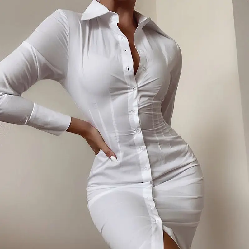 Vestido corto ajustado informal de una pieza para mujer, minivestido ajustado blanco para oficina, manga larga, para invierno, 2021