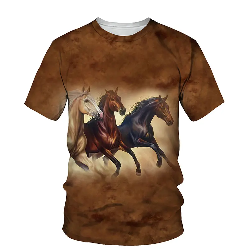 Camiseta com logotipo personalizado para homens, camiseta de manga curta com estampa de cavalo e animais, roupa casual de verão, novidade de fábrica