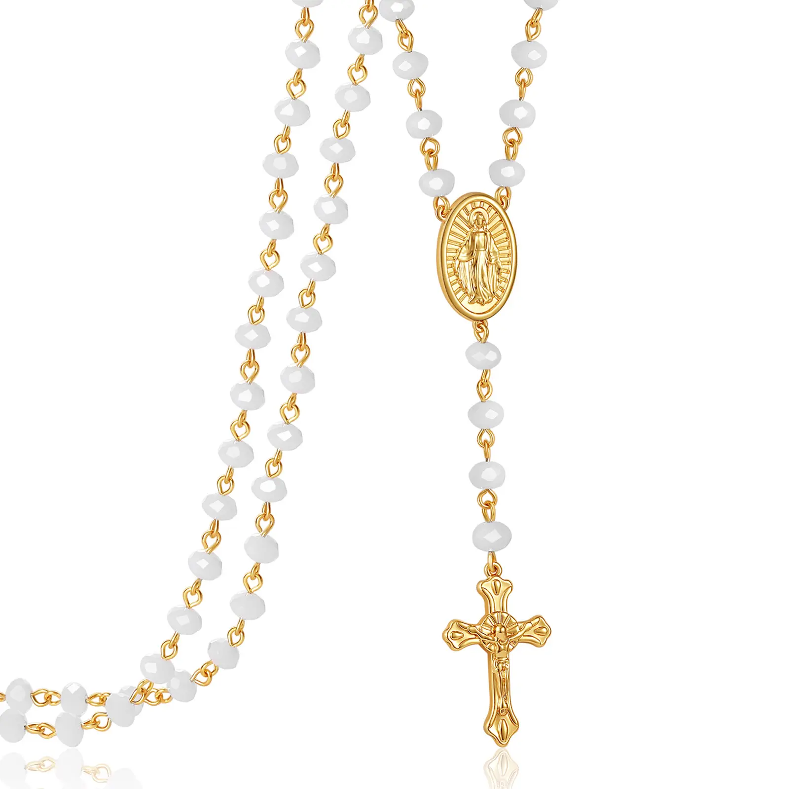 Vendita calda religiosi lunghi rosari croce collana di perle di vetro rosario cattolico collana vergine maria placcata in oro