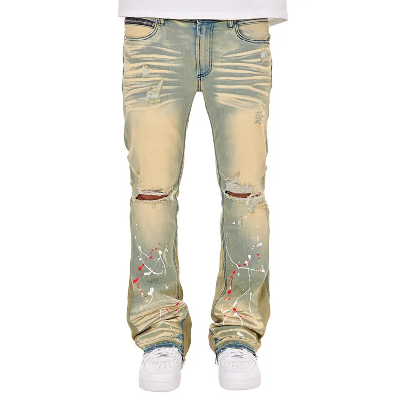 DiZNEW Hot Selling Flare Green Washed Men Ripped Jeans Tapered Men's Jeans Distressed Destroyed Holes Good Quality Men Jeans