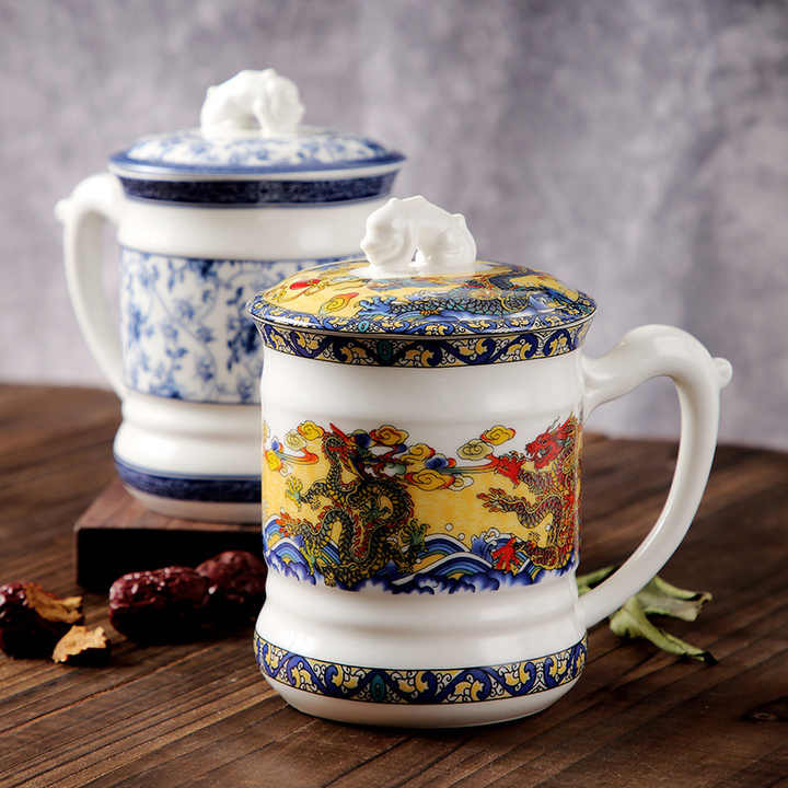 Mug Hotel Tea House Blue and White Porcelain Cup Meeting Bone China Dragon Drinking Water with Cover Ceramic Tea