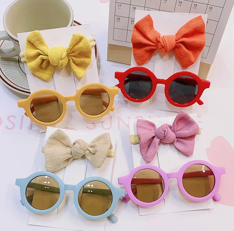 Qianjin Low Price 2pcs/set Sunglasses With Elastic Hair Bands Nylon Baby Headband Design Round Sunglasses Kids Puff Bow Headwear