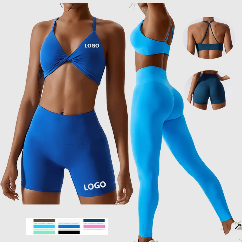 Groothandel Yoga Sport Kleding High Support Bh Candy Color Shorts Leggings 3 Stuks Gym Fitness Sets Vrouwen Sportkleding Sets