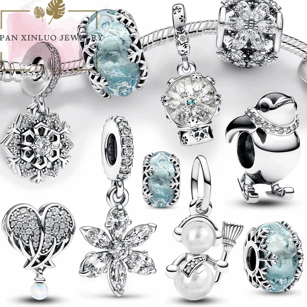 Winter Collection Snowflake Charm Blue Murano Glass Beads Fit Pan Bracelet Platadre 925 Original Charm Girl Christmas Gift