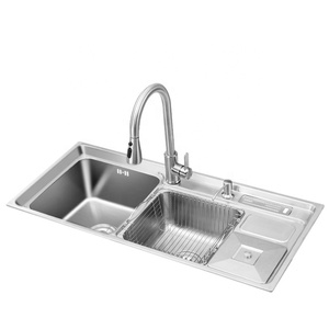 LS-9243耐用当代拉丝方形双碗多功能盆304不锈钢盆厨房水槽 - Product Image 1