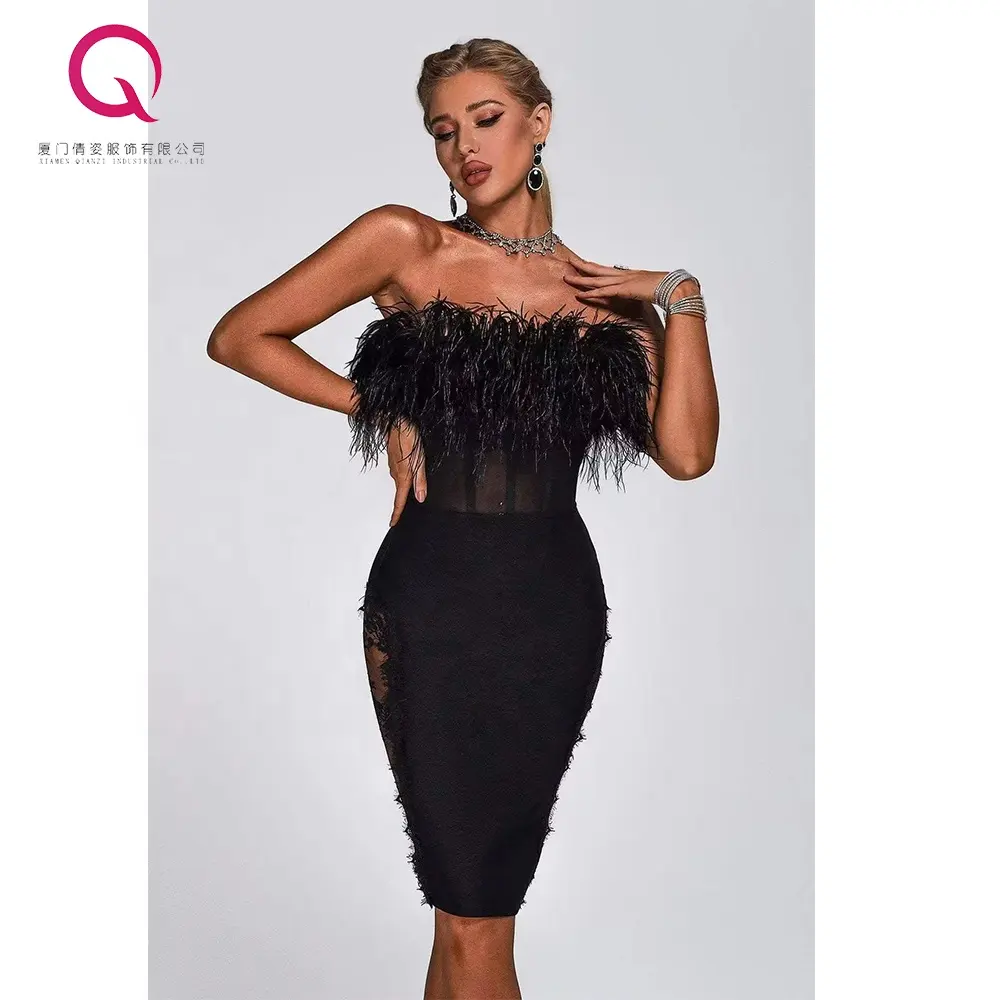 Dress For Women Wedding Party New 2023 fishbone waist evening dress sexy Summer Trending ostrich feather Lace Embroidery dress