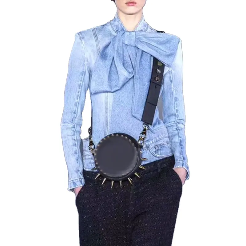 CHICEVER عادية Bowknot قميص دينيم كم طويل سليم الدانتيل يصل 2020 ملابس خريفية الكورية المرأة بلوزة