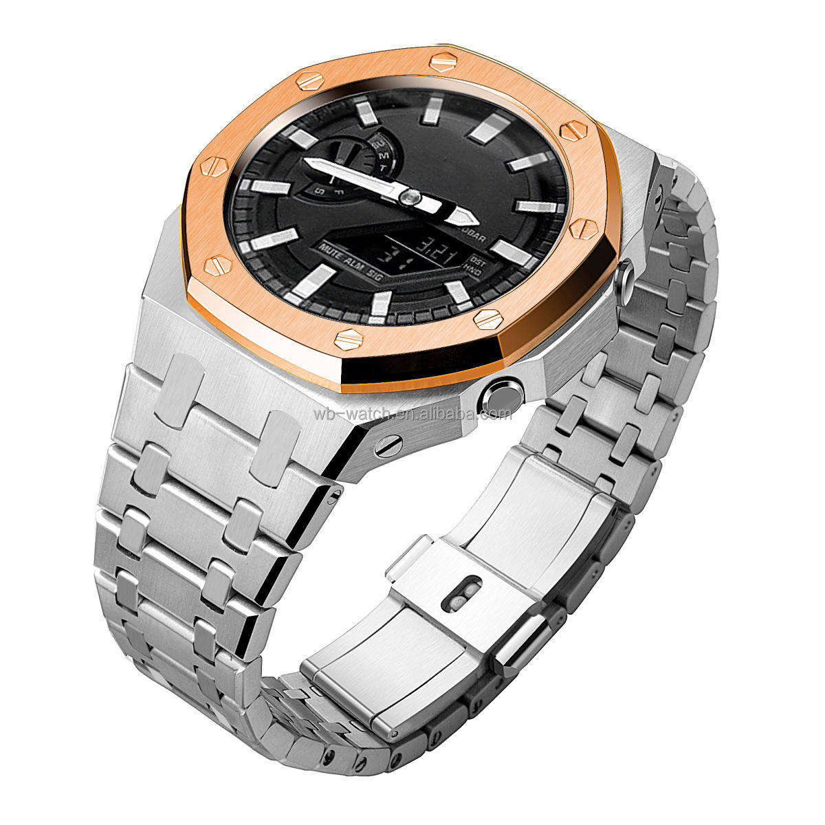 Silver Case Rose Gold Bezel+Stainless Steel Silver Band