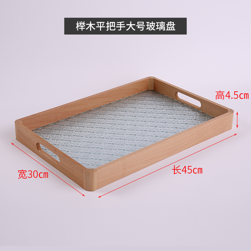 Large glass dish with beech wood flat handle, 45*30*4.5 cm.
