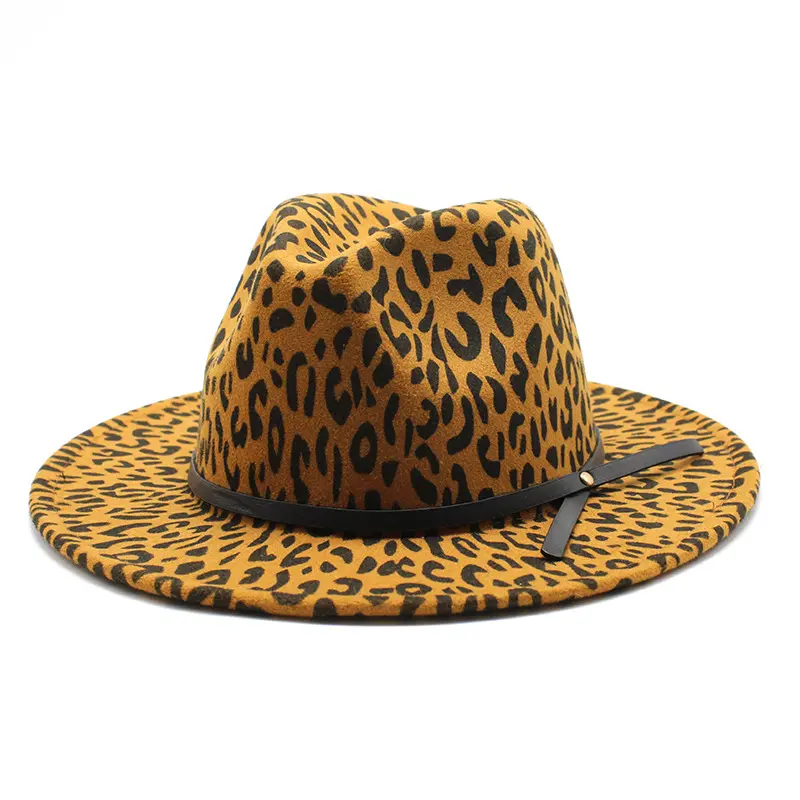 Sombrero de fieltro de lana de ala ancha con patrón de leopardo popular al por mayor, sombreros Fedora para hombres