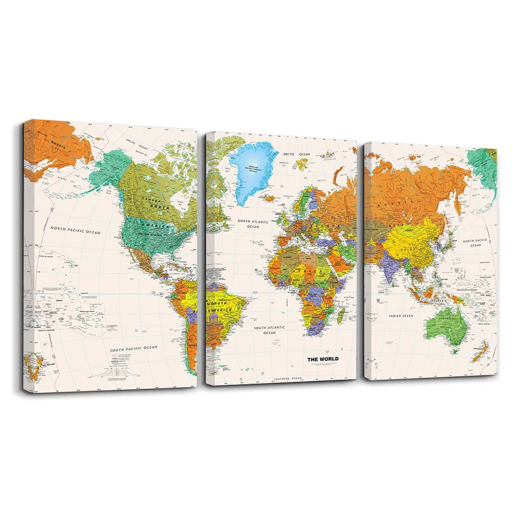 3 panneau personnalisé haute qualité Triple affiche de carte Du Monde combiner mur art impressions sur toile pour décoration murale