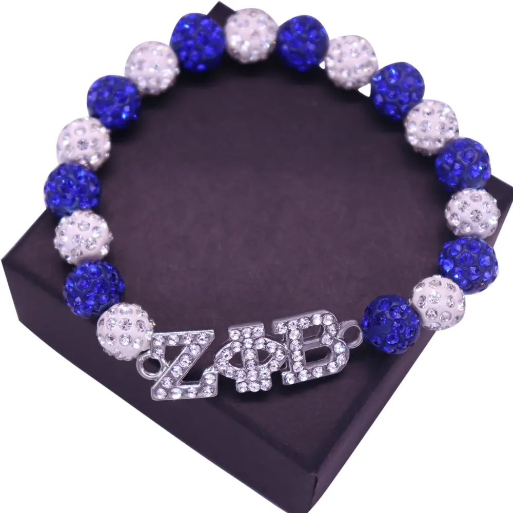 Zht — Bracelet en argile cristal bleu blanc, bijoux en strass, lettre grecque, ZPB, vente en gros