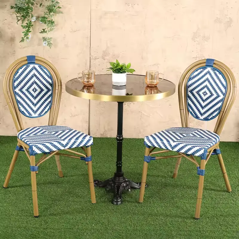 Patio Stacked French wicker Rattan Woven Cafe chairs French style Blue and white rattan woven bistro chairs for outdoor use