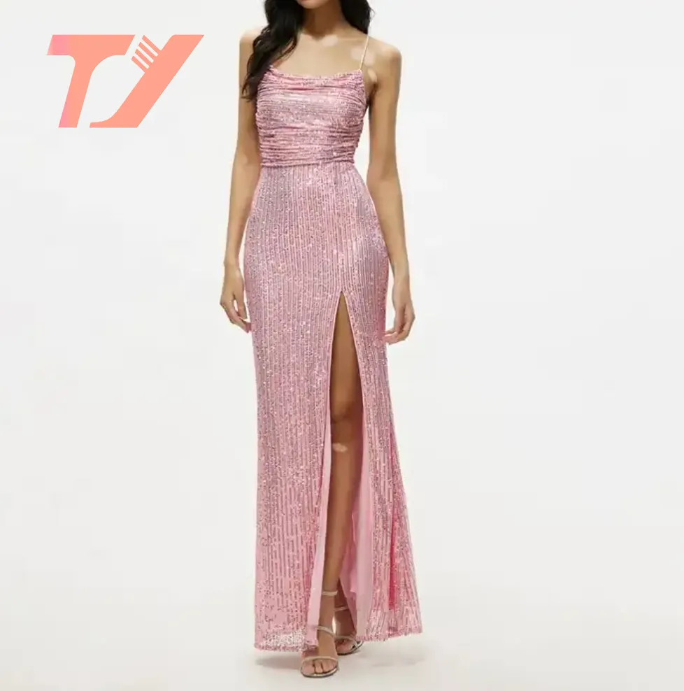 TUOYI nuevo largo sin espalda cuello asimétrico Sexy Split muslo lentejuelas vestido Formal mujeres cena fiesta graduación vestidos de noche