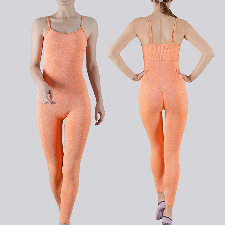 Jumpsuit Yoga wanita, MOQ rendah membentuk tubuh tanpa kelim kerut Kontrol perut bergaris