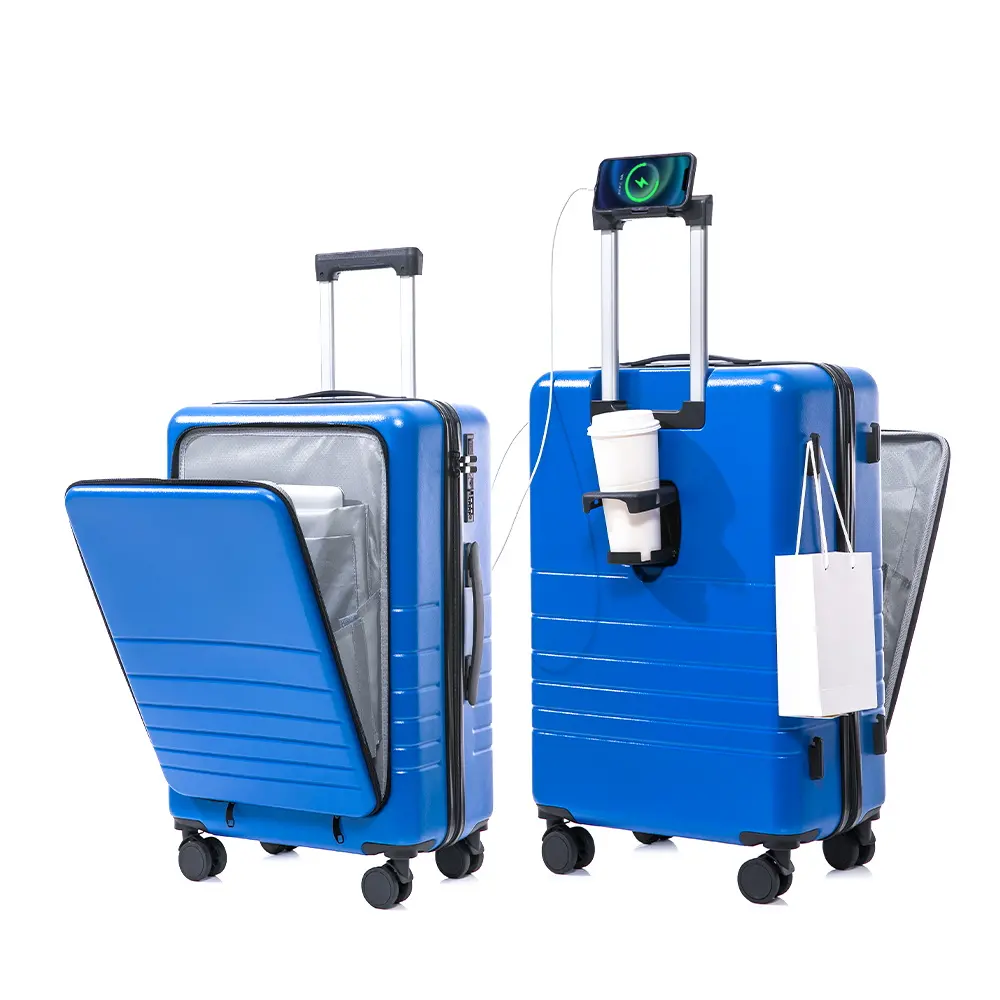Equipaje de mano de nuevo diseño con logotipo personalizado, Maleta de viaje portátil, maleta con ruedas abierta frontal con portavasos, carga USB