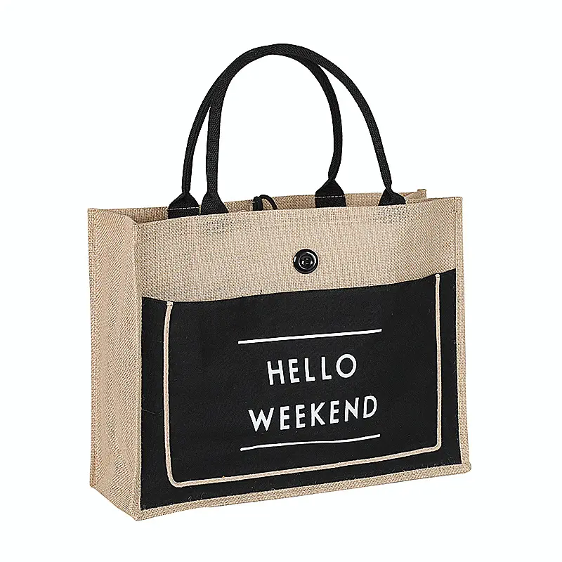 Bolsa de mano de arpillera con bolsillo y botón, promoción de bolsas de compras de yute y bolsas de playa impermeables compuestas de lino, gran oferta