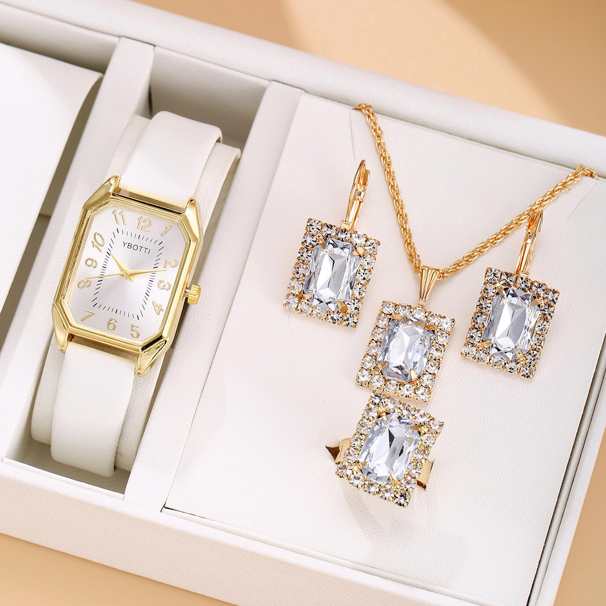 White Square Rhinestone Jewelry 4-Piece Set Suit