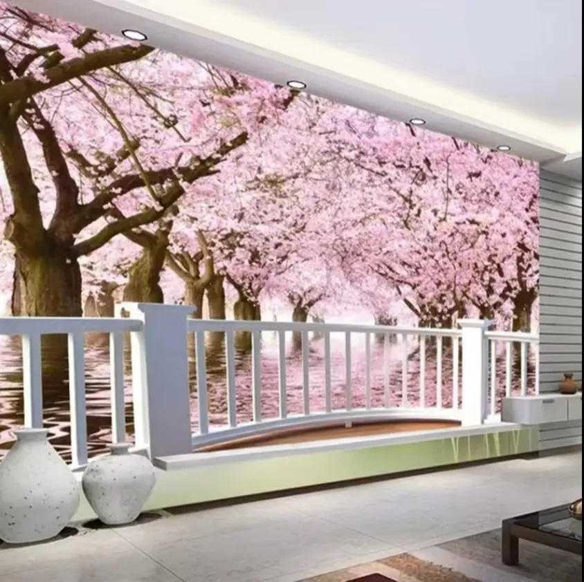 Papier peint mural personnalisé fleurs de cerisier balcon 3d paysage pour salon chambre papier peint décor