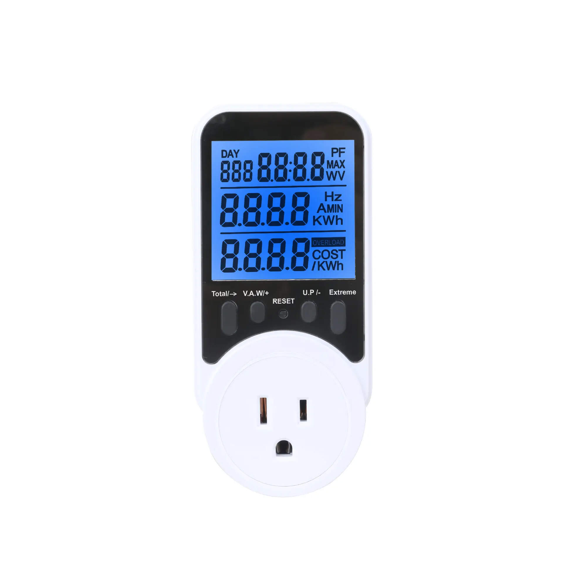 Tomada de medidor elétrico plug-in com luz de fundo, Calculadora de Consumo de energia do monitor, modos LCD com Watt, kWh, Volt, Amp