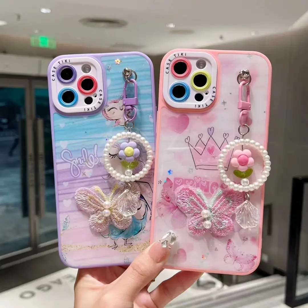 Pupilas y ojos dos en uno, pintura con pegamento, con joyería de mariposa + funda de teléfono móvil con colgante de perla para iPhone para Samsung fo 2660