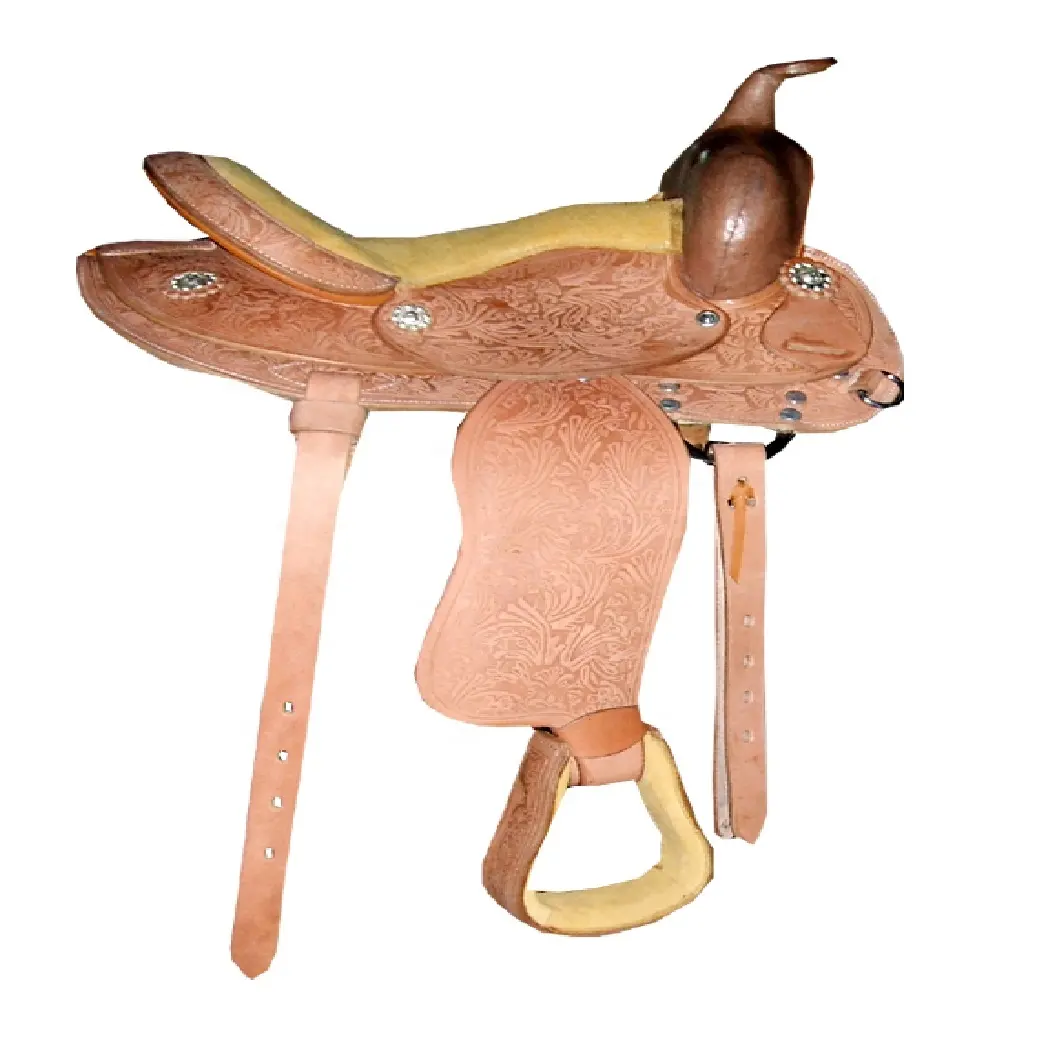 سرج حصان مصنوع يدويًا من الجلد الغربي للأطفال مع شجرة من الألياف الزجاجية الذكية وركاب بلاستيك متوفر في 15 إلى 17 بوصة