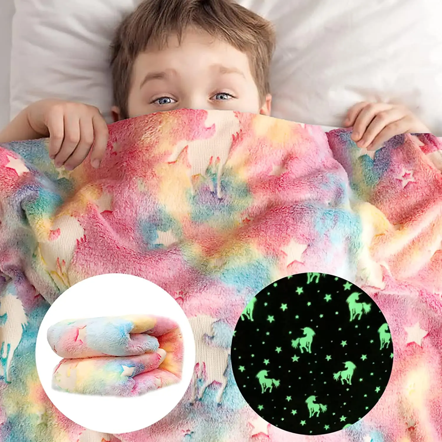 100% poliéster franela magia luminosa niños manta patrón personalizado estrella unicornio brillan en la oscuridad mantas para niños