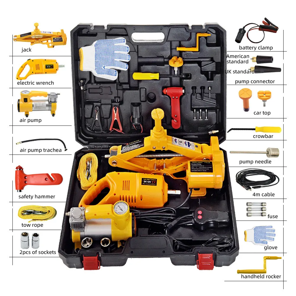 2T/3T portátil 3 en 1 Juego de herramientas de reparación de automóviles 3T 12V elevador de piso Le Jack Kit de gato de coche eléctrico con bomba de aire y cable de impacto eclctric