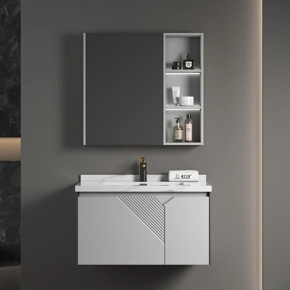 31.5 pollici misure eco-friendly mobiletto del bagno appeso vasetti di vanità del bagno con con lavandino e luce Led specchio armadio