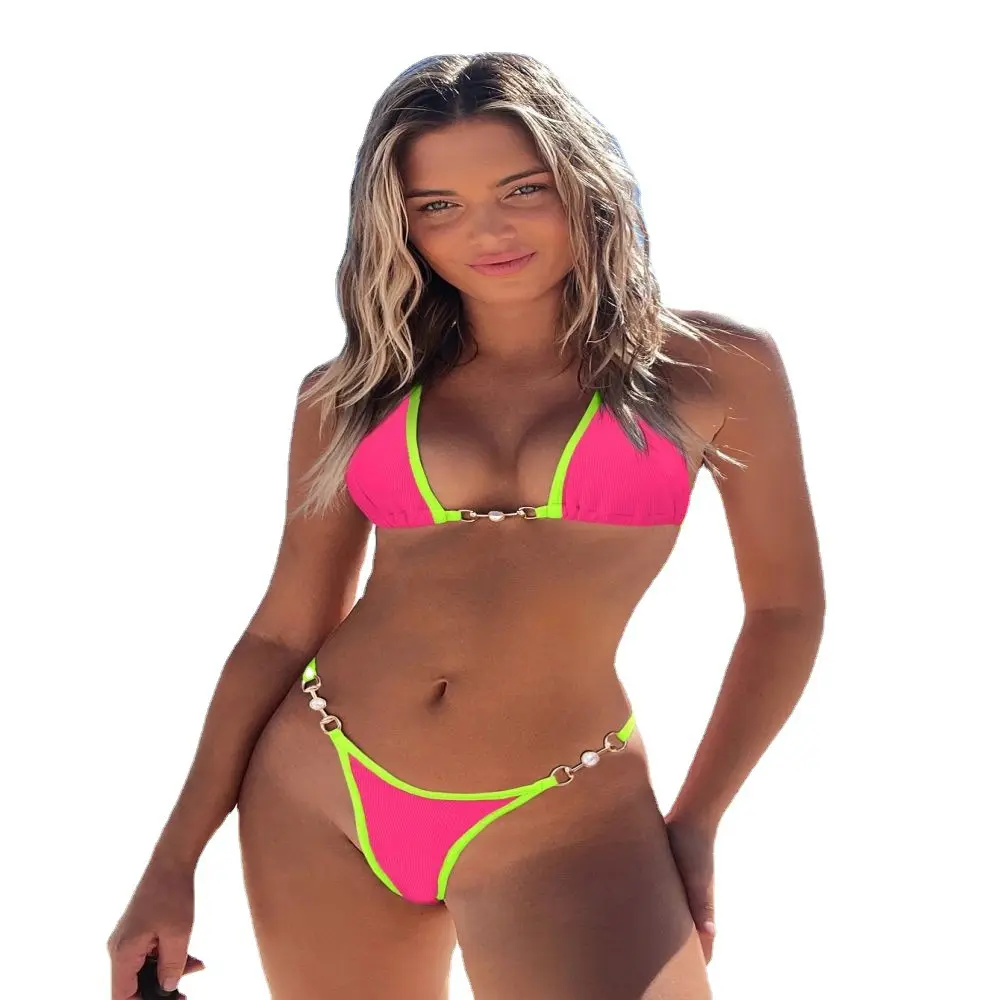2024 New Sexy Micro Bikini Chain Swimsuit Women Swimwear Ribbed Bikini Set Brazilian Bathing Suit Beach Wear Bather Biquini