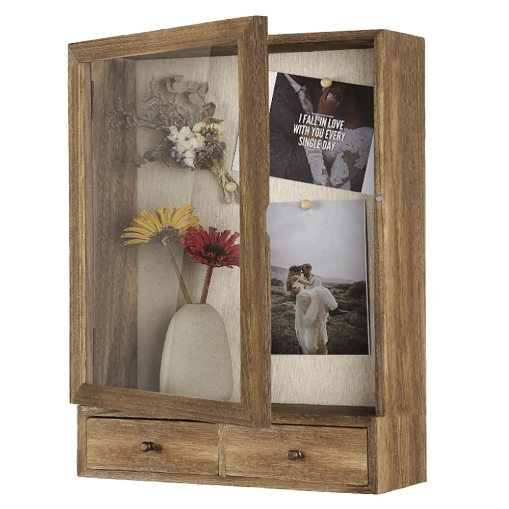 Personalizado hecho a mano de montaje en pared flores decorativas fotos caja de memoria Venta caliente caja de sombra de madera marco con cajón