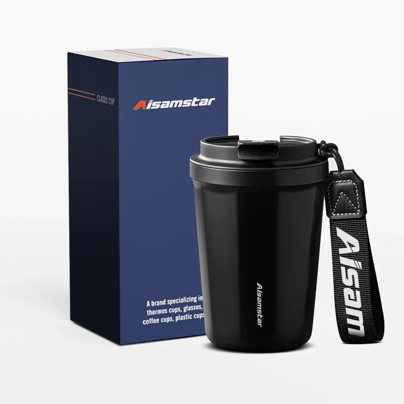 Vaso de café con revestimiento interior de cerámica de 390ml, vaso de doble pared con tapa y cordones de nailon para café y leche, oferta especial