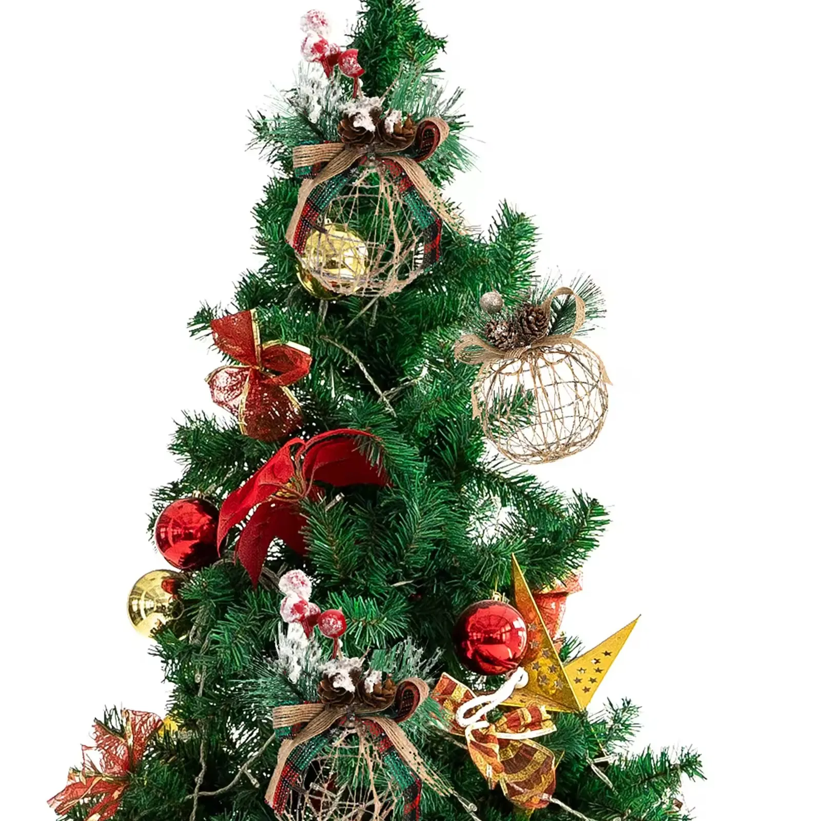 Adornos de adorno para árbol de Navidad, bola colgante hueca de ratán con cuerda y lazo, adornos navideños dorados, decoración de fiesta