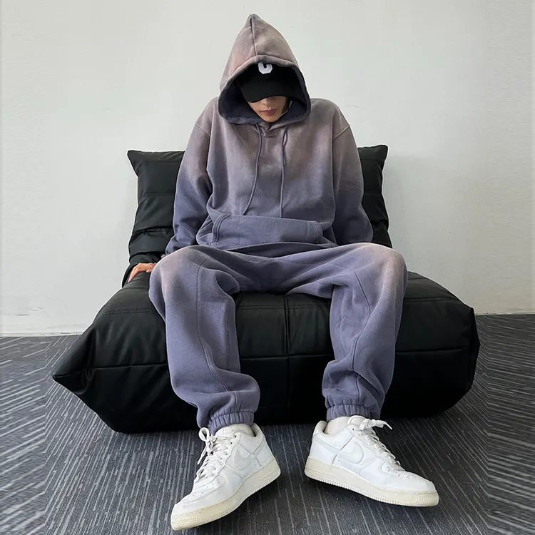 Vintage Hoodie ve pantolon asit yıkama iki parçalı Set ODM hizmeti özel asit yıkanmış Set eşofman üreticisi