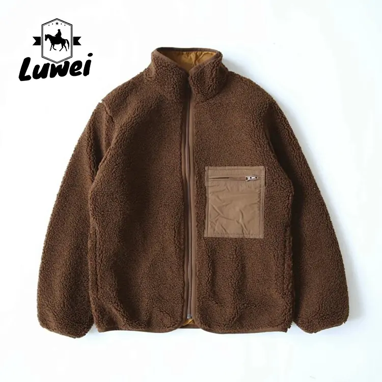 Abrigo de invierno Polar Color sólido Stand Collar Cremallera Utilidad Suelta Manga larga Oversize Custom Sherpa Fleece Jacket para hombres