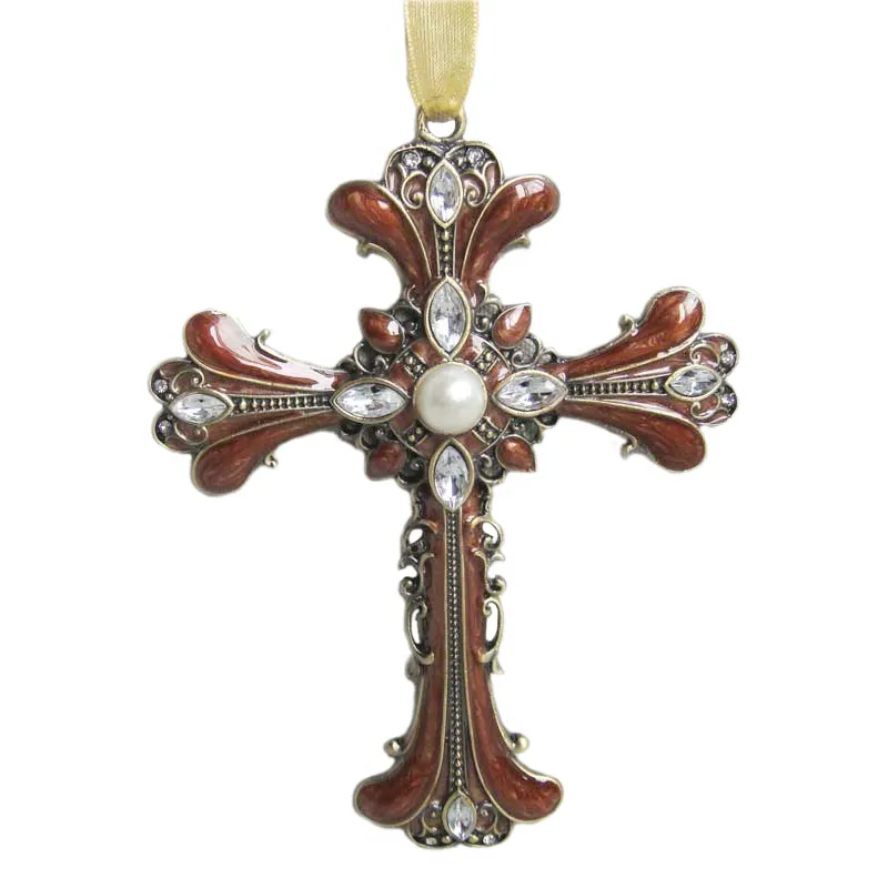 Pendentif croix en laiton plaqué marron, bijoux en alliage métallique émaillé à la main, perles en ABS, pendentif suspendu