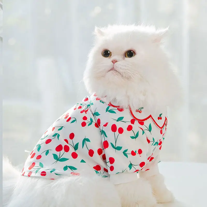 Vestido de verano de cerezas para gato y perro, vestido de verano con cuello de loto, ropa bonita, suministros para mascotas