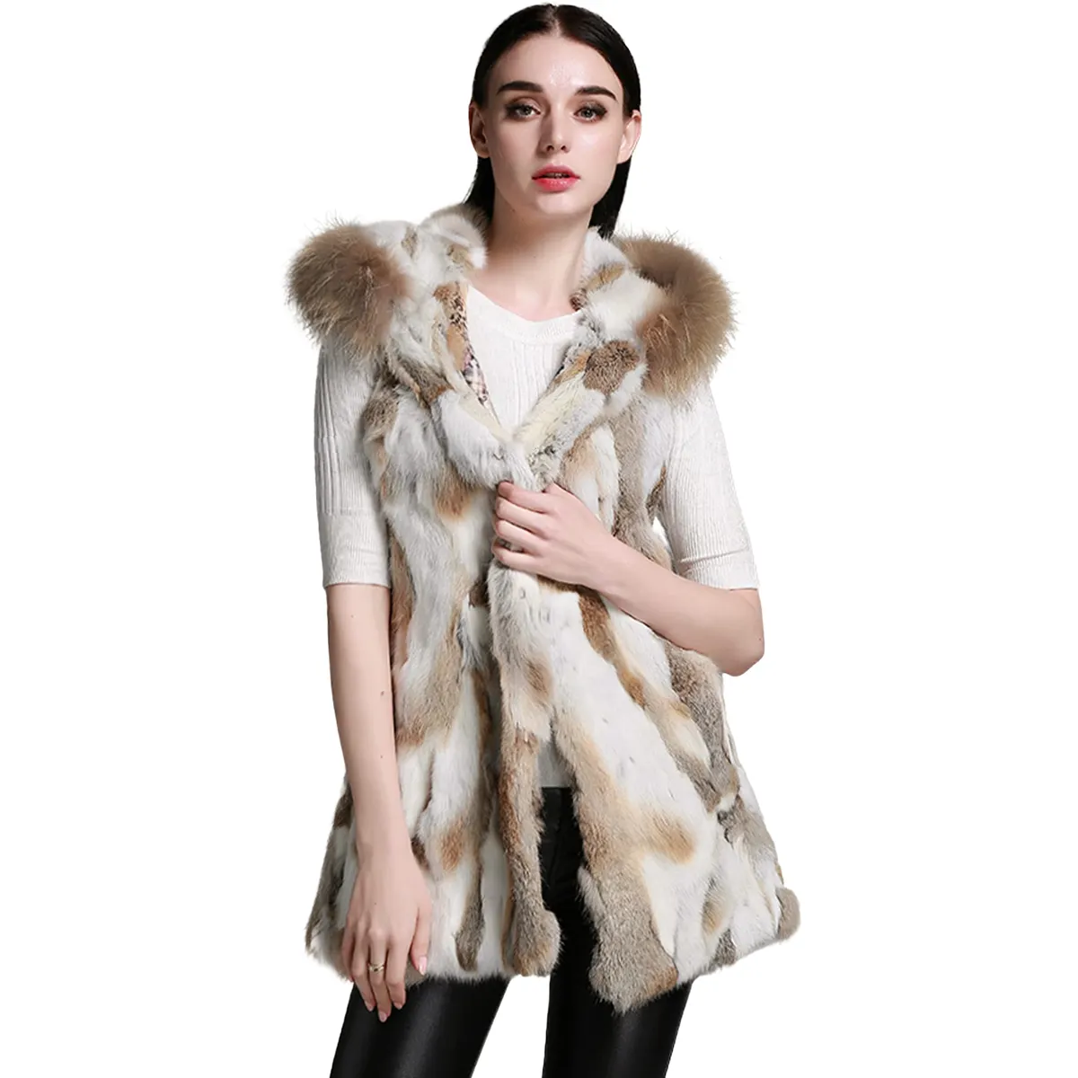 Abrigo de piel de visón real personalizado abrigo de conejo para mujer con abrigo de piel de zorro mapache mujer real Trim Hood Chaleco de piel sintética de invierno