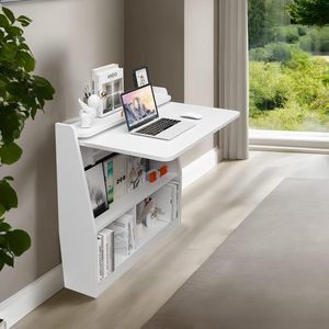 Escritorio de ordenador plegable de madera para montar en la pared, personalizable, con estante de almacenamiento, mesa de estudio y escritura - Product Image 1