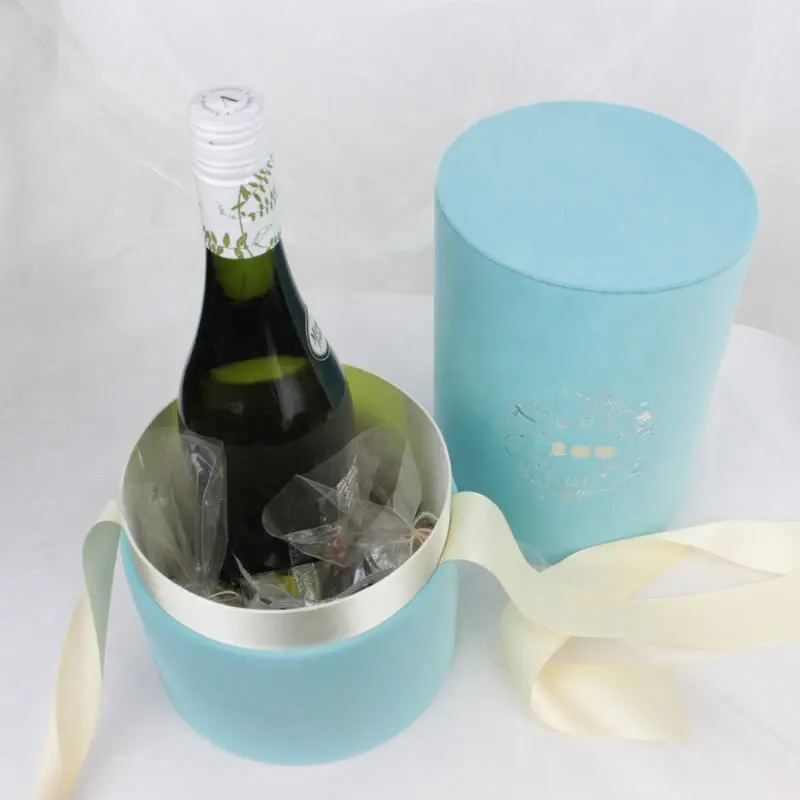 Garrafa de vinho de ponta alta, embalagem cilíndrica, logotipo personalizado, prata, veludo, caixa redonda de vinho