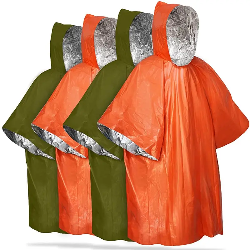 En Stock Venta caliente Camping al aire libre portátil emergencia impermeable Poncho Primeros Auxilios impermeable tela adjuntar con película de aluminio PE