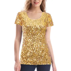 Custom sequins tops golden gold O-neck knitted woven short sleeve party wear spaghetti strap red sequin tops for women
