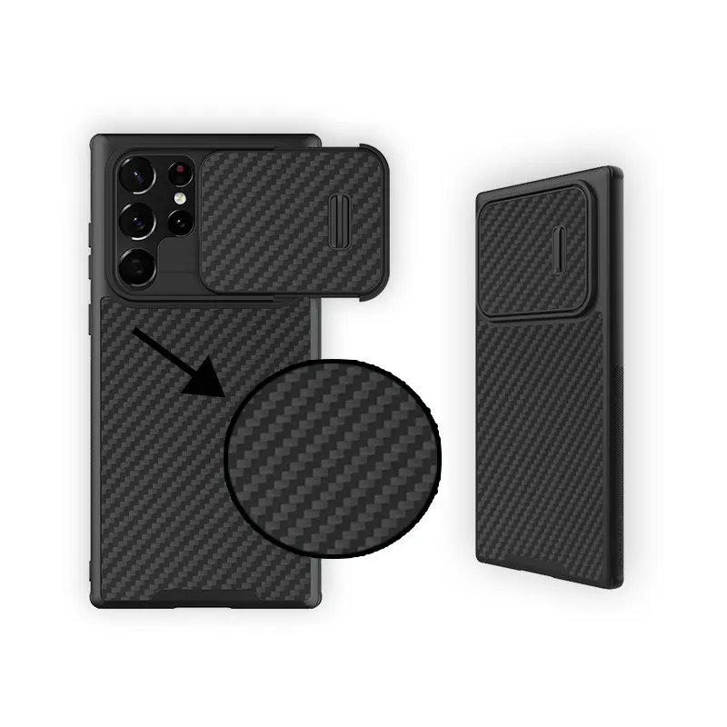 Nillkin Synthetic Fiber S Carbon Fiber Pattern Slide Spring Camera Cover Luxury Phone Case for Samsung Galaxy S22 Ultra/S23
