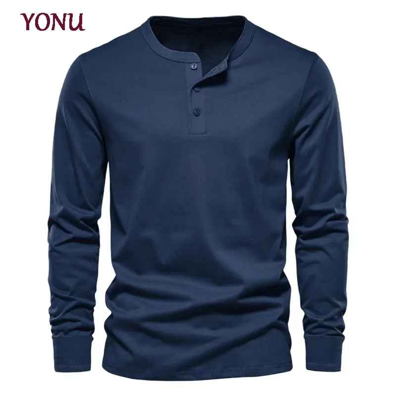 Alta qualità Henley camicia sottile morbido girocollo comoda t-Shirt da uomo tinta unita girocollo a maniche lunghe