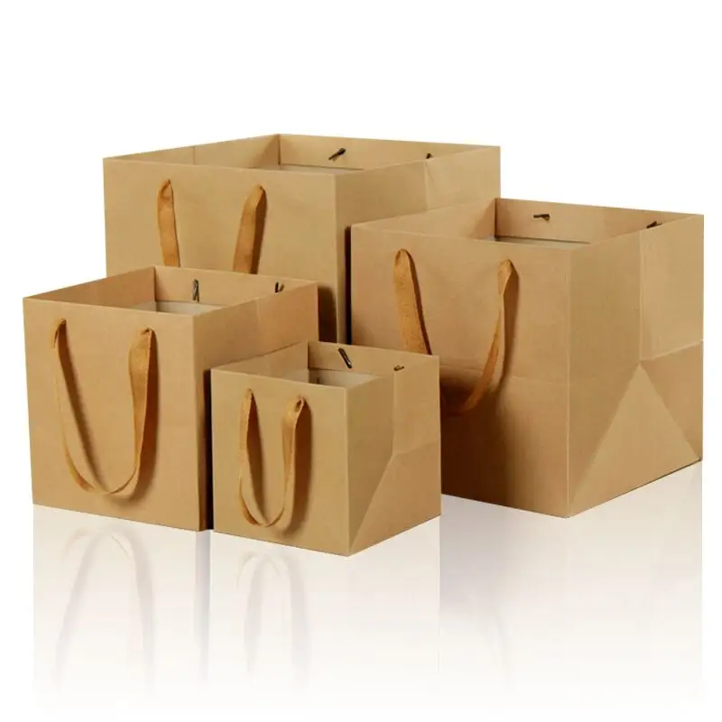 Handmade Thick Square Flower Kraft Paper Bag with Handle