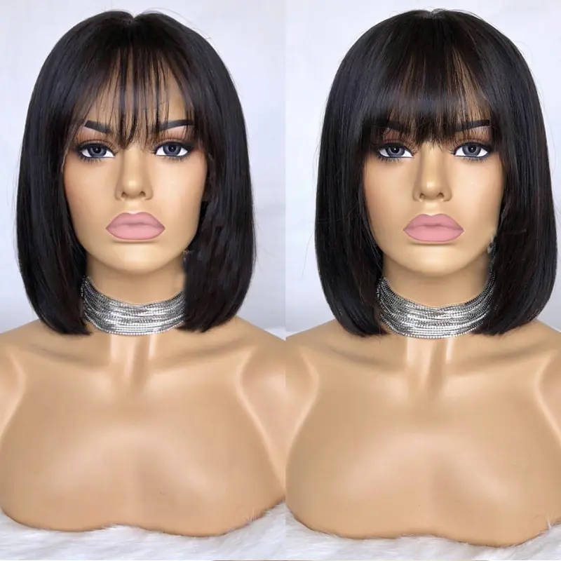 Bob Cut 4X4 Lace Closure Short Human Hair Wigs With Bangs Pre plucked Brazilian Remy Straight Hair For Women