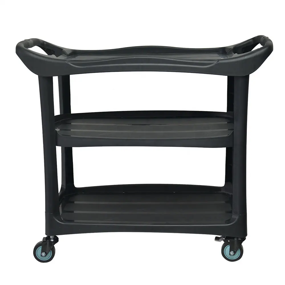 Carro de recogida de cuencos de plástico negro de tres niveles y cuatro ruedas, carrito de servicio de plástico para hotel, nuevo estilo