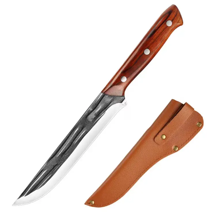 سكين اللحمة المقاوم للصدأ عالي الجودة طقم سكاكين الجزار التجاري مع سطح تقليد يدوي ومقبض خشبي